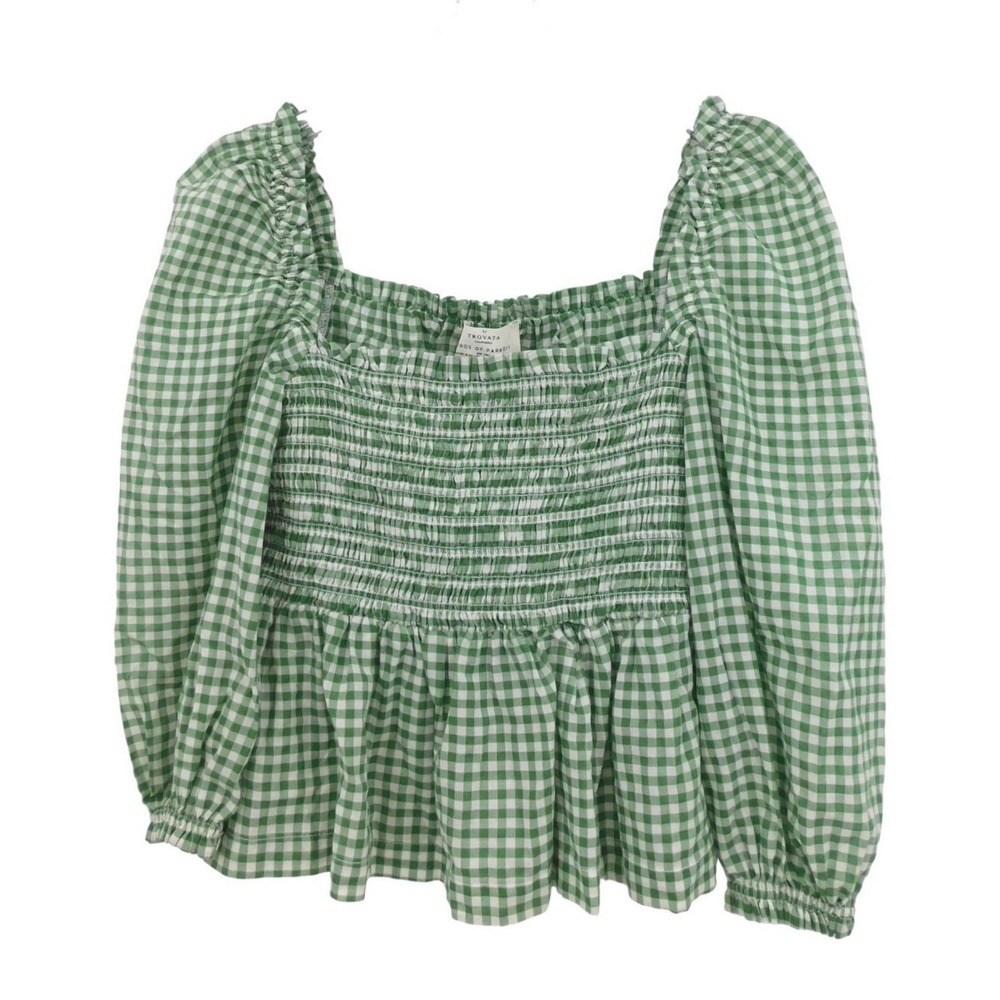 Trovata Birds of Paradis Green Gingham Smocked Peplum Top Small